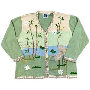 Vintage Women's Storybook Knits Stork Crane Bamboo Button Cardigan Sweater (2X)